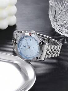 RICECGO Men's Classic Quartz Watch, Round Dial, Calendar Display, Stainless Steel Strap, Suitable For Daily Wear, Ideal For Birthday Gifts And Student Supplies - Silver - View 3