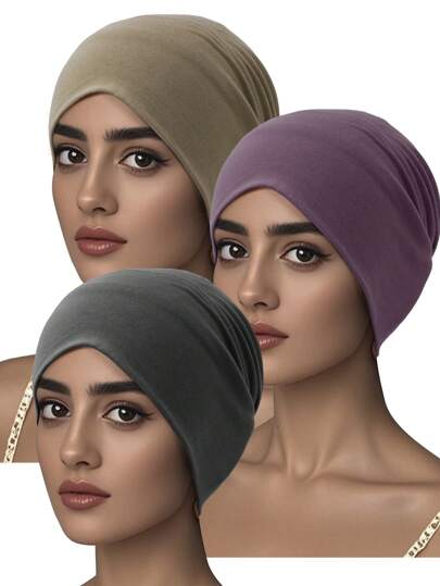 3 قطع أغطية رأس نساء بلون واحد ، طرحة رأس من الموديال ، قبعة أنبوبة مطاطية ، قبعة صغيرة