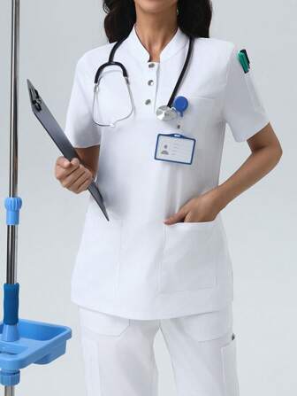 Doctor And Nurse Solid Color Short-Sleeved Double Pocket Nurse Shirt, Surgical Gown Top For Dentist, Laboratory, Nursing, Pet Hospital Scrub Top
