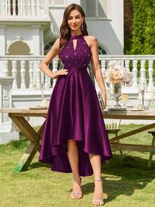 MIUSOL Halter Neck Sequin Floral Lace Contrast Satin High-Low Hem Evening Party Long Dress, Formal Evening Gown, Prom Dress, For Wedding Guest, Graduation, Dinner