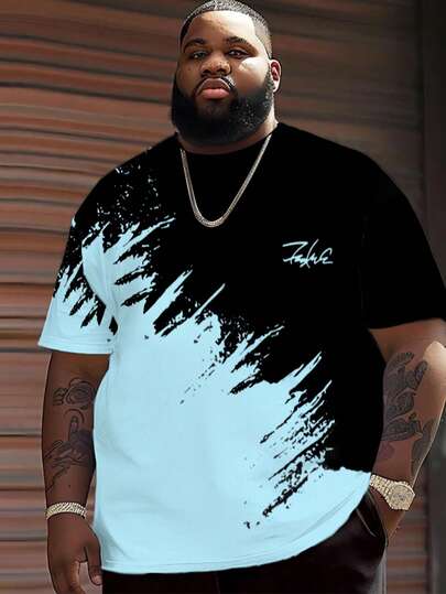 高对比度黑白泼墨印花加大码男士T恤，舒适、时尚、透气、休闲短袖