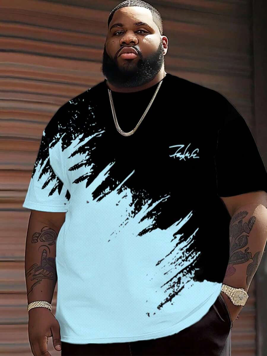 高对比度黑白泼墨印花加大码男士T恤，舒适、时尚、透气、休闲短袖