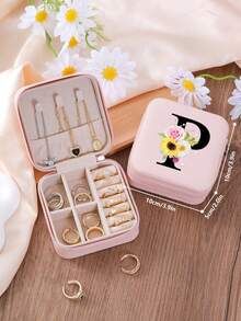 1 件花卉首字母首饰盒、A-Z 字母旅行首饰盒、伴娘、结婚礼物、字母戒指盒、女士礼品盒、PU 皮革首饰盒（用于戒指、吊坠、耳环、项链等） - 女孩和女士礼品盒。