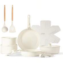 NonToxic Ceramic Cookware Set With Detachable Handle 17 Pcs NonStick Pots And Pans Induction Oven Safe Perfect For RVs Cream White - 17pcsCreamWhiteSet - View 2