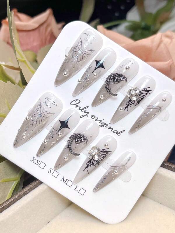 10pcs Long Pointed Nails, Pure Handmade Black, Cold Gray,Handmade Press On Nails, Smudge Liquid Hollow Metal Butterfly Nail Art, Exquisite Shiny Metal Star And Moon Crystal Diamond Nails, Full Coverage False Nails, Suitable For Parties, Dances, Four Seasons Daily Wear, Students, Office Workers, Cosplayers, Wearable, Push-On Nails