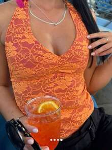 Women's Lace Halter Tank Tops Sleeveless Deep V-Neck Backless Slim Fit Vest Streetwear - Orange - View 3