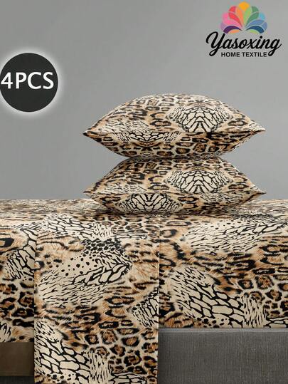 4pcs Leopard Print Bedding Set, Soft Microfiber Bedding Set With Floral Pattern (1 Bed Sheet + 1 Fitted Sheet + 2 Pillowcases), Fitted Sheet Set, Multiple Sizes, Deep Pocket Design Fits Up To 11.8 Inches, Soft & Breathable, Wrinkle-Resistant