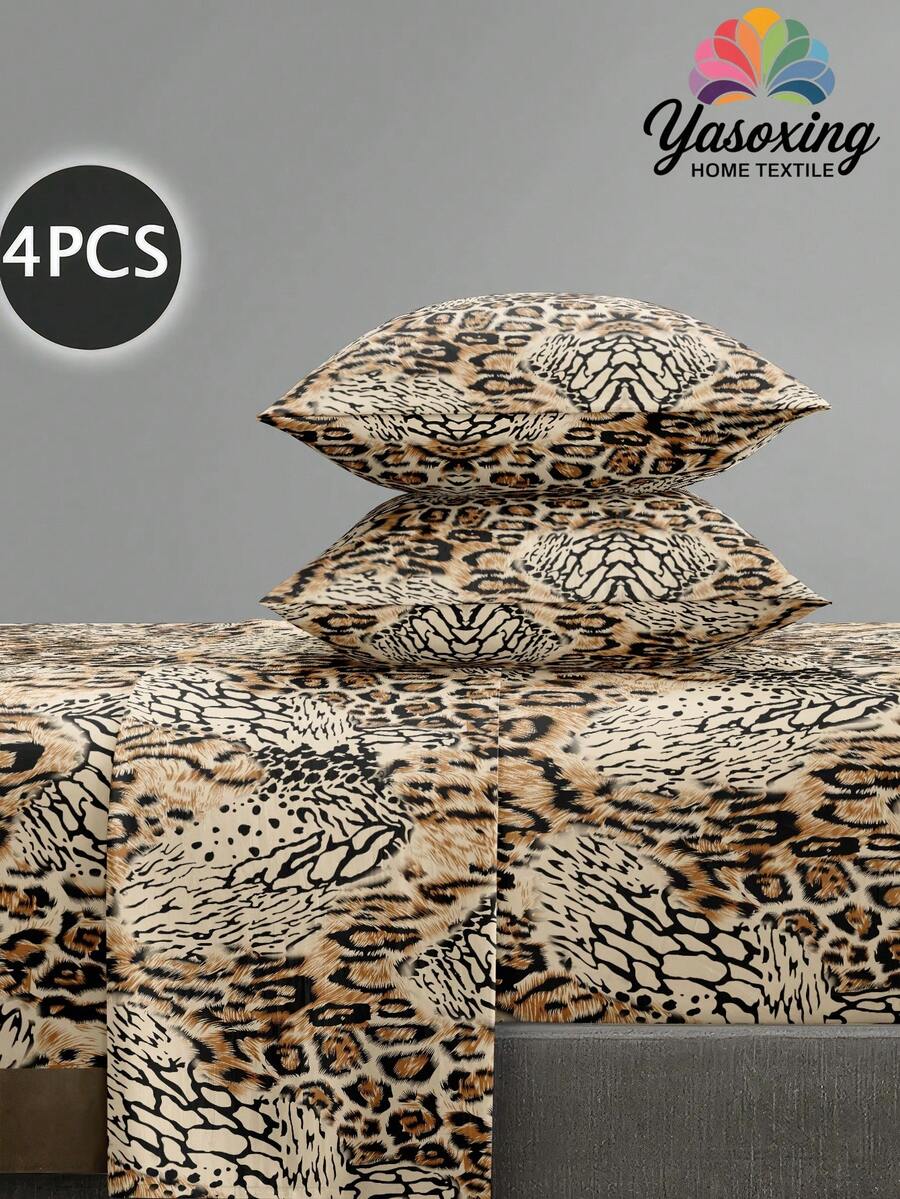 4pcs Leopard Print Bedding Set, Soft Microfiber Bedding Set With Floral Pattern (1 Bed Sheet + 1 Fitted Sheet + 2 Pillowcases), Fitted Sheet Set, Multiple Sizes, Deep Pocket Design Fits Up To 11.8 Inches, Soft & Breathable, Wrinkle-Resistant - Coffee Brown - View 1