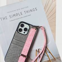 Crocodile Pattern Fashion Multi-Color Compatible With IPhone 13 Pro Max/14 Pro/14 Card Holder Phone Case | Wrist Strap Stand + Lanyard | Full Edge Drop Protection | Card Slot Portable Design Waterproof Shockproof Anti-Fall Scratch Resistant - Grey - View 4