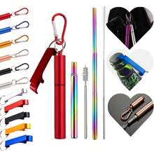 3 قطع من مجموعة قش معدني قابل لإعادة الاستخدام مع أنابيب قابلة للتمديد وفرشاة تنظيف قابلة للتمديد وعلبة تخزين بخطاف، مناسبة للتخييم والرحلات الخارجية