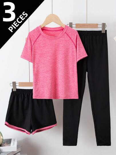 3-teiliges Mädchen Sommer Leichtgewicht Outdoor Sport Set: Kurzarm T-Shirt + Sport Shorts + Sport Leggings, geeignet für Mädchen im Alter von 8-13 Jahren