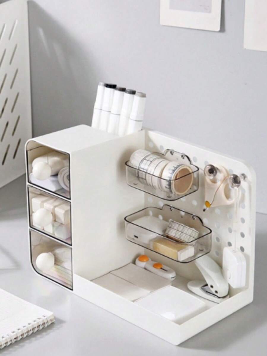 1pc Desktop Student Supplies Multi-Use Dustproof Drawer Style Pegboard Storage Display Box, Makeup Organizer - Multicolor - View 1