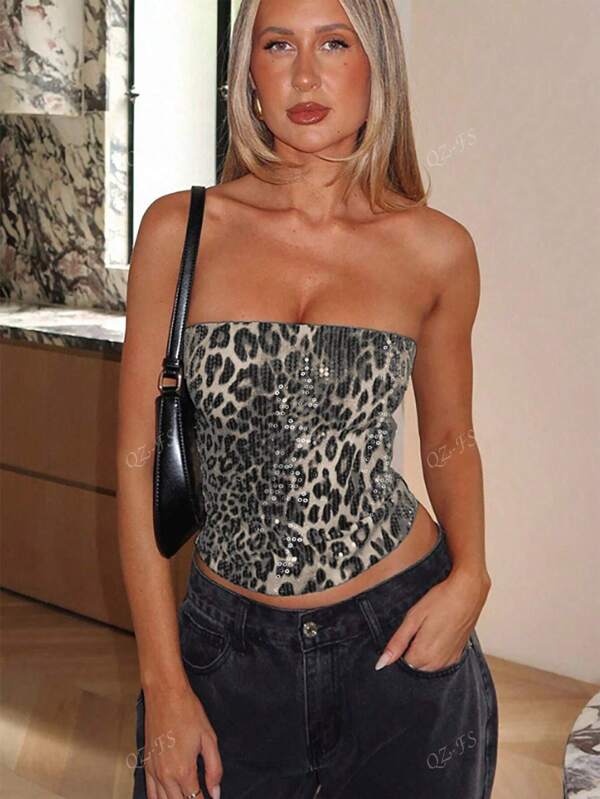 Women's Sexy Elegant Leopard Print Sequins Detail Bandeau Top