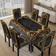 1/4/5/6/7 piezas Juego de 5/7 piezas, Juego de Mantel y Fundas de Silla, (1 Mantel + 4 Fundas de Silla o 1 Mantel + 6 Fundas de Silla) Fundas de Silla con Estampado Retro Moderno y Creativo, Adecuado para Decoración Diaria de Interior, Hogar, Restaurante, Hotel. Mantel Apto para Mesas Cuadradas, Fundas de Silla Elásticas Lavables