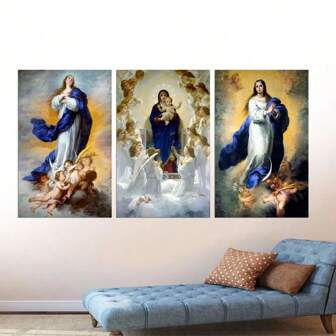 3 piezas de arte en lienzo con pósteres de la Virgen María y un querubín, sin pecado original, con pecado original, decoración de pared religiosa, pintura de decoración del hogar bíblica con marco opcional