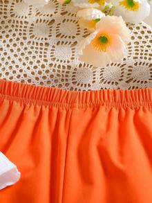 【夏季运动装】撞色吊带背心+橙色直筒宽松裤套装｜3D花朵褶皱设计｜日常休闲装、度假装、户外出游、海滩风运动套装 - 白色 - 查看 6