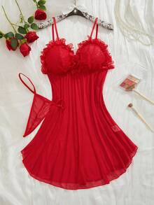 Plus Size Lace Patchwork Camisole Nightgown And Thong Lingerie Pajama Set, Christmas