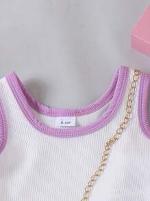 2 piezas Conjunto casual de bebé/niña con top de tirantes de colorblock y pantalones rectos lisos, para verano