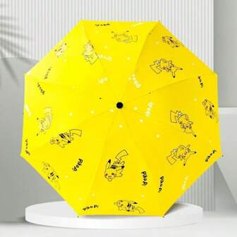 pokemon 1pc Pokémon Pikachu Colorblock Folding Umbrella, Bright Yellow Base, Adorable Print Design, Lightweight & Portable, UV & Rain Protection, Durable, Great For Kids & Anime Fans, Fun & Practical Rainy Day Accessory
