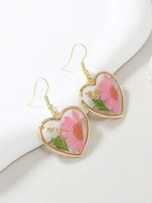 1 Pair Vacation Style Dried Flower, Heart, Cat, Dog, Butterfly, Daisy, Ditsy Floral Earrings In Pink, Yellow, Purple, Blue, Green, Gold Colors For Women, Suitable For Daily Wear
