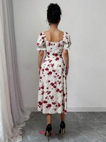 Vestido casual de verão, elegante e romântico, com estampa floral de rosas, manga bufante e cordão, comprimento midi