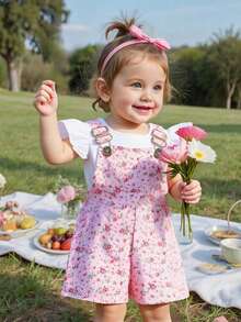 2 件套女婴夏季纯色圆领双层荷叶边盖袖 T 恤 + 花卉印花可调节肩带连体裤短裤套装