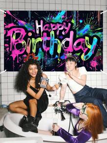 Happy Birthday Background Fabric Graffiti Neon Light Background Decoration Banner Color Splash Paint Graffiti Background Cloth Birthday Party Decoration Supplies,Suitable For Party Living Room Bedroom Bathroom Wall Decoration Photography Studio Venue Background Decoration Props