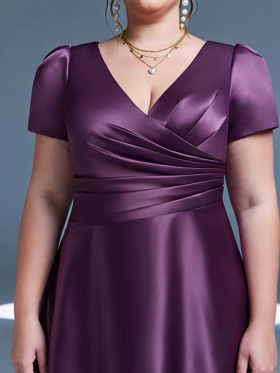 Váy phù dâu màu trơn cổ chữ V mới của Mgiacy Váy dài bằng vải satin tay bồng nhún bèo - Màu tím - Xem 1