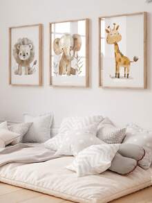 3 Pieces Animals Painting Posters Giraffe Hanging Paintings Lion Hanging Picture Elephant Wall Print Cartoon Art Cute Wall Mural Nordic Wall Arts Kids Room Wall Decor No Frame Gifts Birthday Graduation