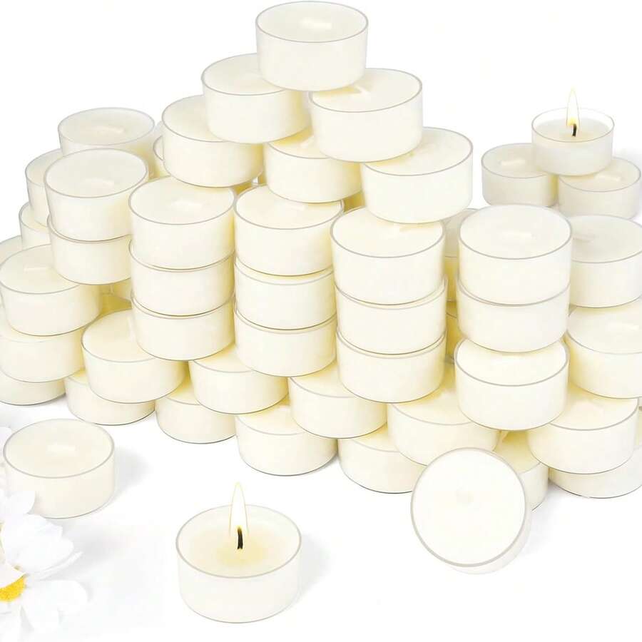 50/120 Pack Of Soy Tea Candles, Each Burns For 6 Hours. Bulk Packed Natural Soy Wax Tea Candles Without Paraffin, Unscented Small Tea Candles, Suitable For Emergencies And Dinners. - 6 giờ - Xem 1