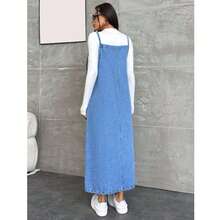 Women's Summer Denim Dress A Shape With Pocket Details - Blue - View 3
