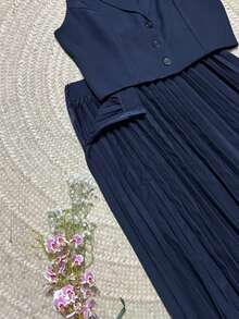 2 Piece Set: Vest, Suit And Pleated Skirt - Màu xanh hải quân - Xem 5