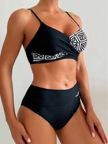 Colorblock Print Bikini Set - Top Has Criss-Cross Bust, With Adjustable Straps; Bottoms Have Contrast Floral And Geometric Print Patchwork, Sexy Cutout Detail. Perfect For Vacation, Beach In Summer - Black - View 4