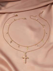 Set de 2 piezas Collar con colgante de cruz con rhinestones de moda, cadena de clavícula estilo punk con piedras de circonia brillantes, adecuado para uso diario, fiestas y festivales de mujeres [Cantidad aleatoria de piedras de circonia en la cadena del cuello]