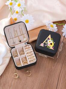 1 件花卉首字母首饰盒、A-Z 字母旅行首饰盒、伴娘、结婚礼物、字母戒指盒、女士礼品盒、PU 皮革首饰盒（用于戒指、吊坠、耳环、项链等） - 女孩和女士礼品盒。