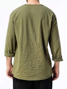 Spring And Autumn New Henry Shirt Men's Casual Solid Color Long Sleeve Shirt Cotton And Linen Collar Shirt - Army Green - View 4