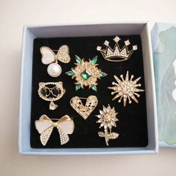 8pcs Women Rhinestone Brooch Set, Multiple Styles Versatile Brooch Pins For Daily Wear, Daily Small Gift School