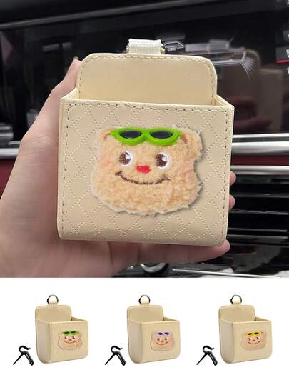 1pc Car Air Vent Storage Bag With Bear Head, Car Storage Box With Hook,Car Mobile Phone Hanging Bag,Car Storage Box Supplies,Air Vent Mounted Lightweight Storage Pouch Box,Can Hold Cell Phones, Glasses, Pens, Cards And Other Items, Keeps Your Car Tidy,Easy To Install, Easy To Store And Carry,Can Also Be Given As A Gift To Family And Friends