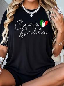 % Cotton Italy Ciao Bella Italian-Shirt Round Neck Summer Tops-Shirt Women - 黑色 - 查看 1