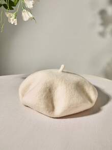 1顶女士羊毛贝雷帽，经典法式风格，纯色，无内衬，适合休闲派对、优雅圣诞节、冬季圣诞节等场合，是理想的圣诞礼物之选。 - 白色 - 查看 3