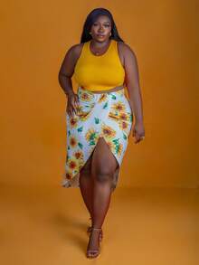 CurvyTilda Tildaharris Plus Size Vacation Style Two Pieces Set: Cropped Tank Top With Sunflower Print, High Slit Fitted Skirts With Pleated Ruffle Hem For Summer,Holiday Outfits Boho, For Hourglass Body Shape - Yellow - View 7