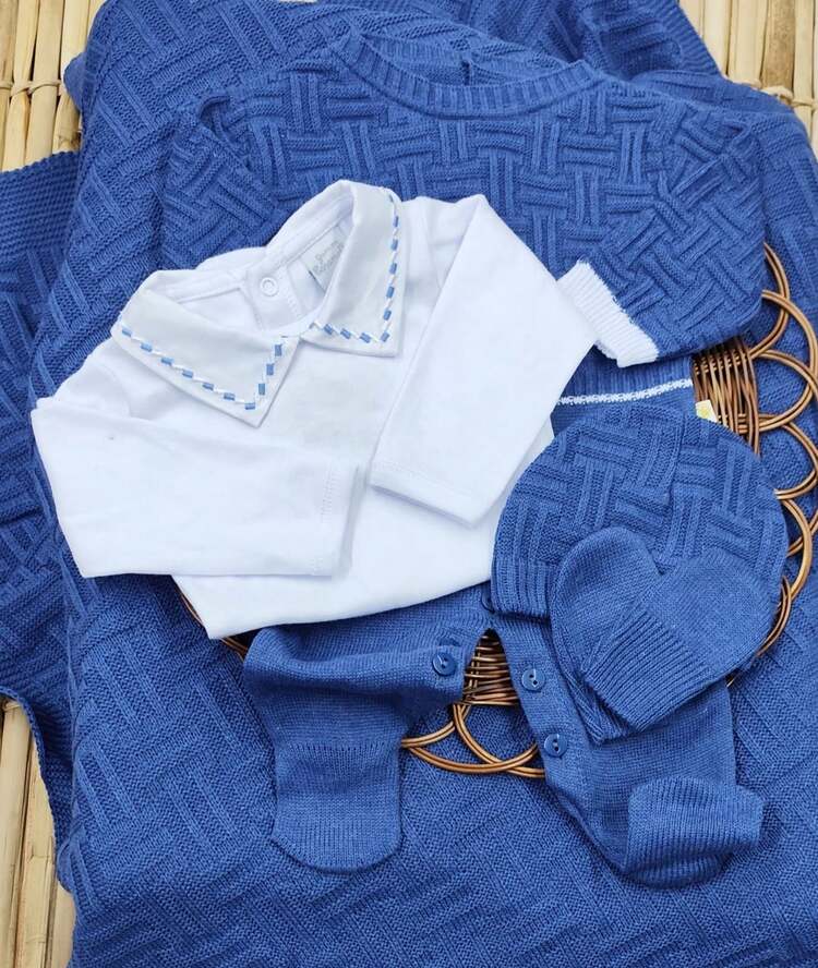 Conjunto Saída de Maternidade Tricõ com Casaquinho Bebê Luxo - Azul Royal - Visão 1