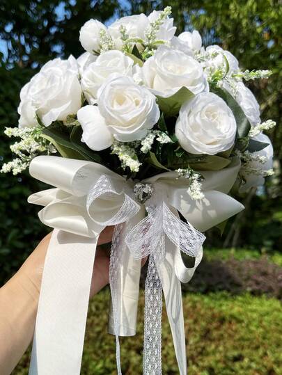 10英寸心形水晶新娘捧花，蕾丝蝴蝶结丝绸玫瑰婚礼仪式道具，毕业舞会礼物