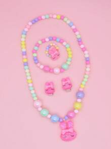 5pcs/Set Girls Cute Rainbow Pendant Beaded Necklace, Bracelet, Ring And Earrings, Lovely Jewelry Gift, Children Accessories (Bead Colors Random)