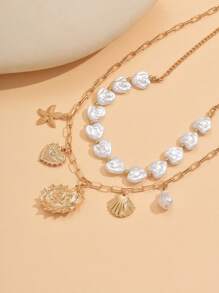 Set de 2 collares con colgante de concha marina para mujer, collar de metal dorado con perla artificial, accesorio versátil para uso diario, citas, fiestas y viajes