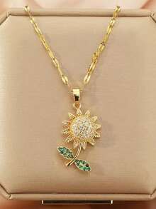 1pc Elegant Rhinestone Sunflower Pendant Necklace, Suitable For Daily Wear, Party, Photo Shoot, Memorable Gift For Girlfriend - Yellow Gold - View 7