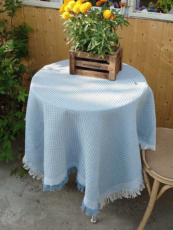 1pc Waffle Pattern Cotton Gauze Tassel Tablecloth, Decorative Background Cloth For Coffee Table, Dining Table