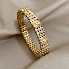 1pc Unique Concave Textured Bracelet Watch Strap Elastic Bracelet For Women Stainless Steel Rhinestone Bracelet Chunky Golden Bracelet For Party Birthday Jewelry Gifts
