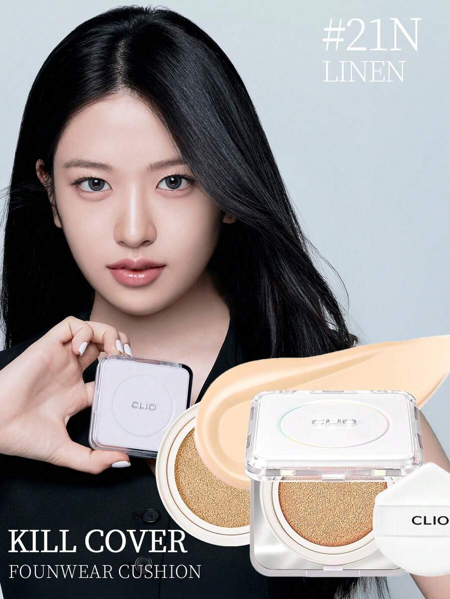 Clio K-Beauty KILL COVER FOUNWEAR 氣墊粉底液 THE ORIGINAL 15g*2 [含補充裝] SPF50+ PA++++，適用乾性與油性混合肌膚，全遮瑕、長效持妝、半啞光自然妝感、貼膚、無粉感、輕盈、可疊加遮瑕度
