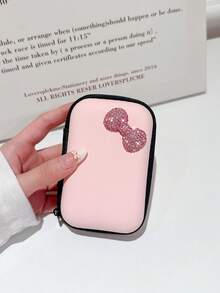 Shiny Rhinestone Bow Solid Color Large Capacity Data Cable Storage Bag, Suitable For Bluetooth Earphones, Wired Earphones, Chargers, Charging Cables, Portable Shockproof Zipper Storage Box, EVA Material, Ideal For Summer Vacation, Outdoor Activities, Essential For Cable Management And Travel - Multicolor - View 10